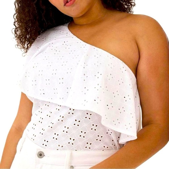 torrid Tops - TORRID 6X/30 White One Shoulder Ruffle Top Eyelet Jersey (P17.9)